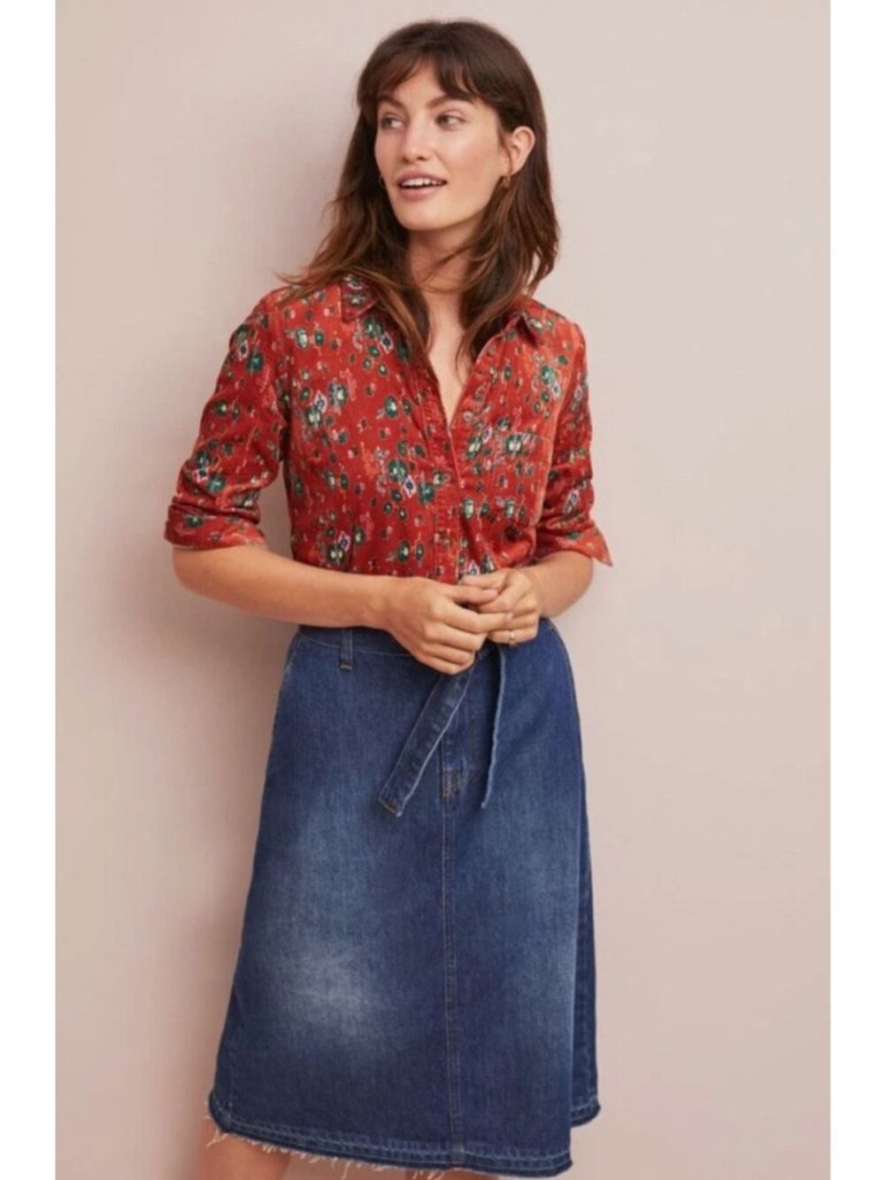 Anthropologie Red Floral Button-Down Shirt